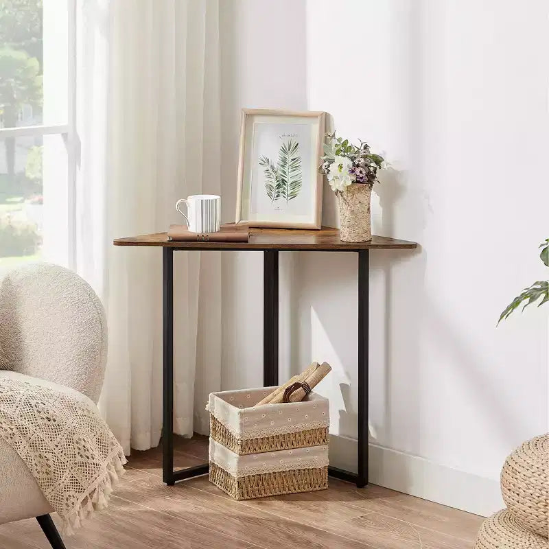 Corner Shelf Triangle End Table with Metal Frame – Brown / Gray