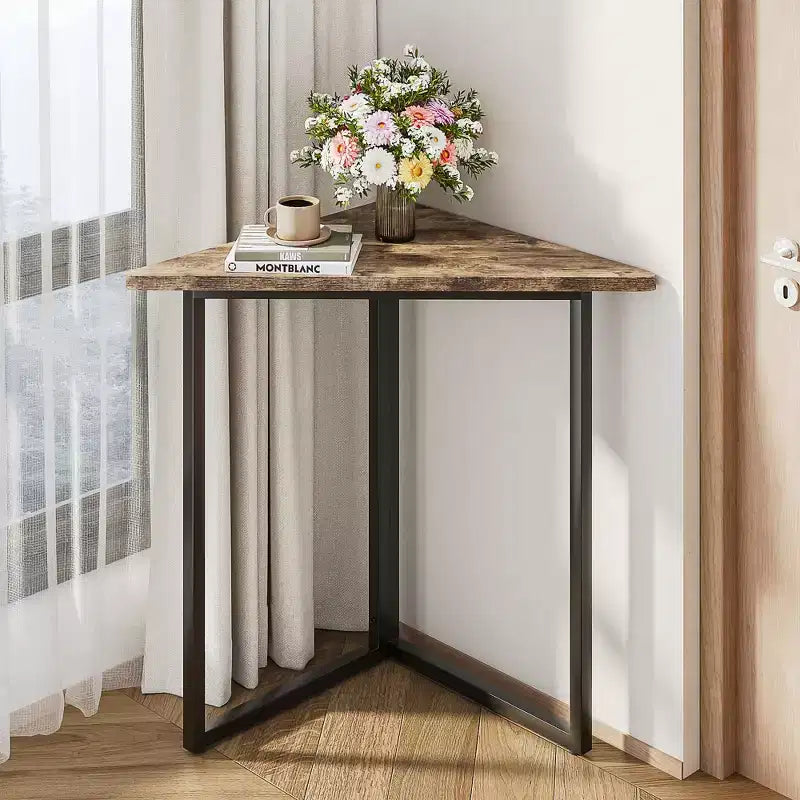 Corner Shelf Triangle End Table with Metal Frame – Brown / Gray