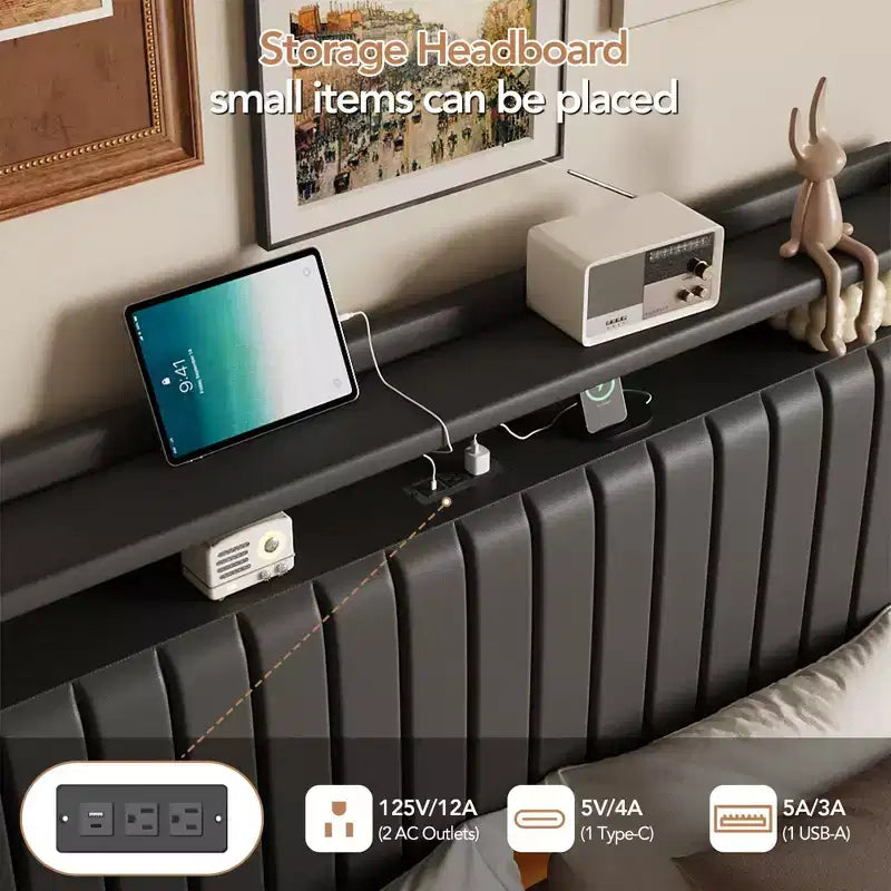 Floating Bed Frame with LED Lights & Charging Station