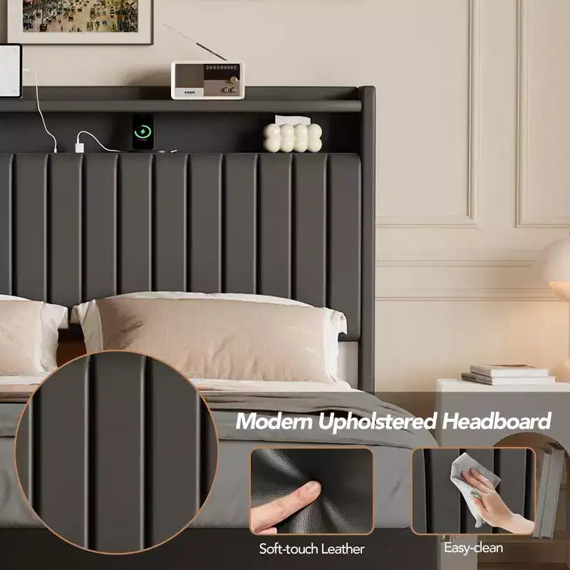 Floating Bed Frame with LED Lights & Charging Station