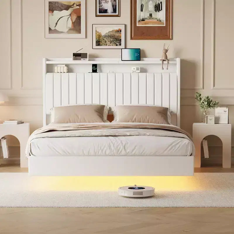 Floating Bed Frame with LED Lights & Charging Station