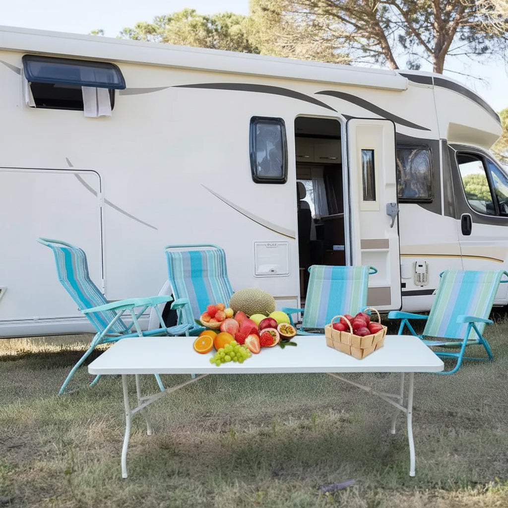 Plastic Folding Table, Portable Fold-In-Half Table with Iron Legs, Carrying Handle, Outdoor Rectangular Fold Out Table for Dining, Picnic, Party
