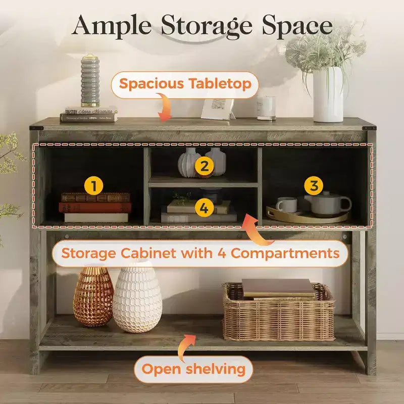 Farmhouse Console Table with Sliding Barn Doors and Storage Shelves