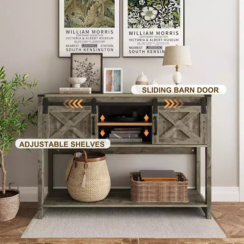 Farmhouse Console Table with Sliding Barn Doors and Storage Shelves