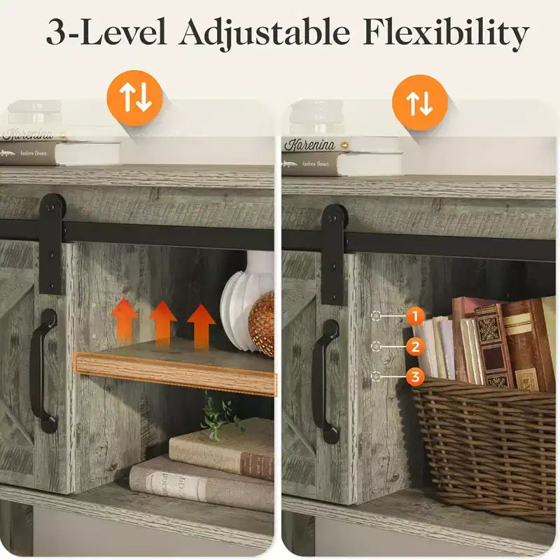 Farmhouse Console Table with Sliding Barn Doors and Storage Shelves