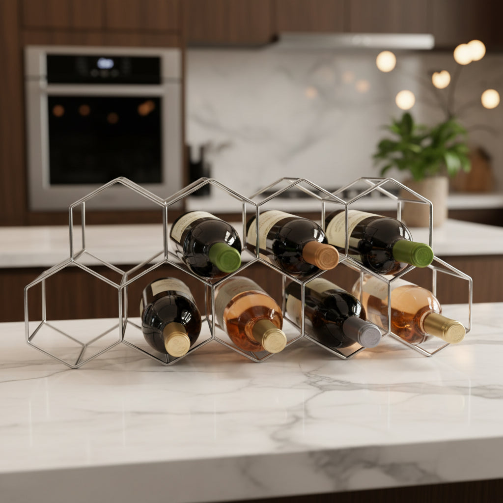 Nat & Jules Honeycomb Silver Tone Iron Metal Tabletop Wine Rack - Holds 9 Bottles