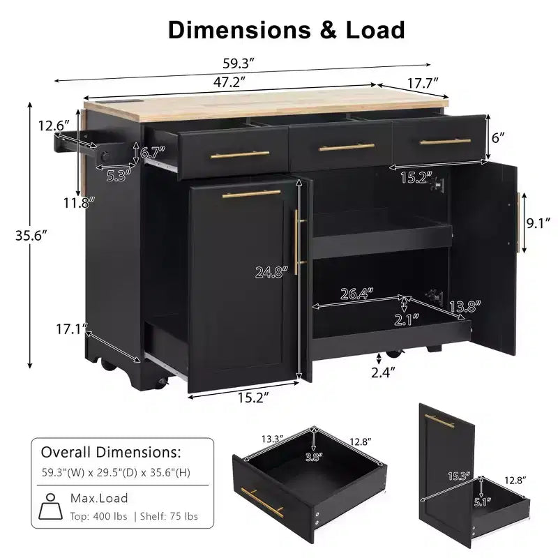 Isola per cucina da 150,6 cm con organizer estraibili, anta a ribalta e vano per la spazzatura