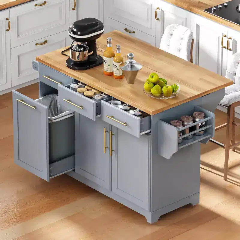 Isola per cucina da 150,6 cm con organizer estraibili, anta a ribalta e vano per la spazzatura