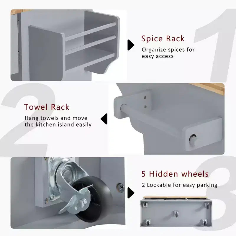 Isola per cucina da 150,6 cm con organizer estraibili, anta a ribalta e vano per la spazzatura