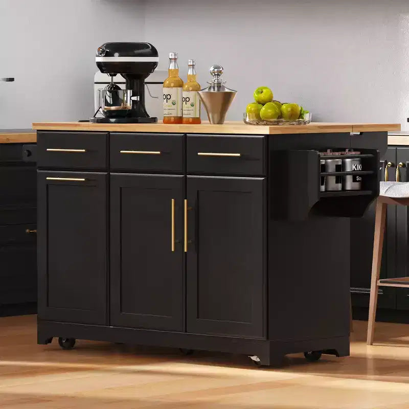 59.3" Kitchen Island with Pull-Out Organizers, Drop Leaf & Trash Storage