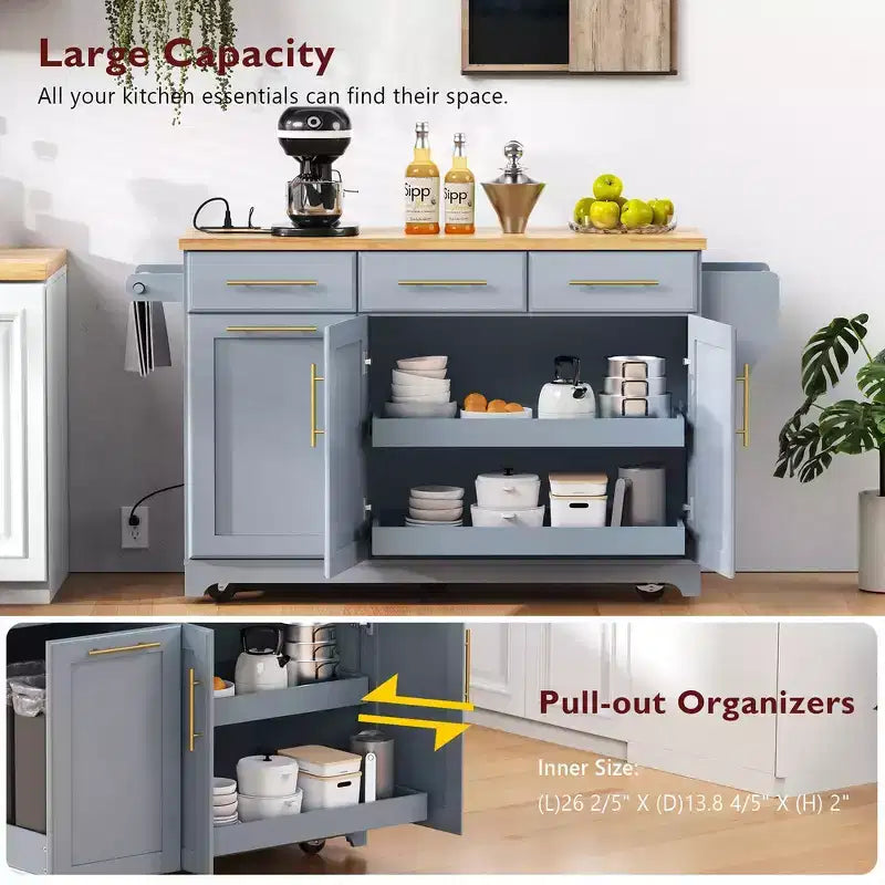 Isola per cucina da 150,6 cm con organizer estraibili, anta a ribalta e vano per la spazzatura