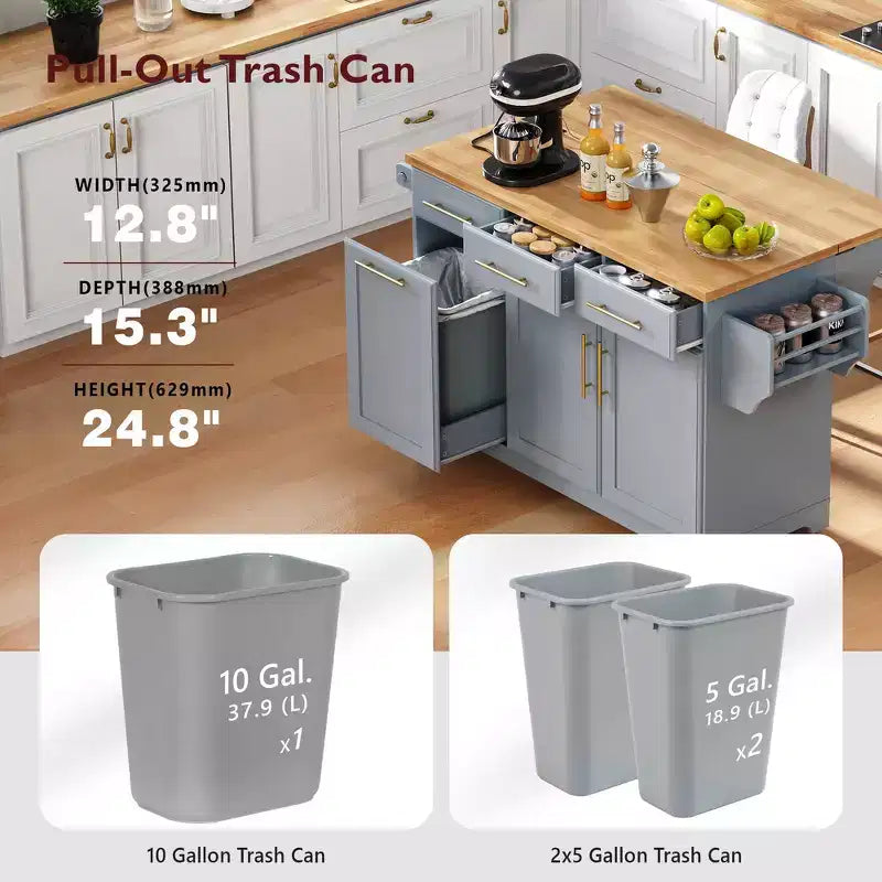 Isola per cucina da 150,6 cm con organizer estraibili, anta a ribalta e vano per la spazzatura