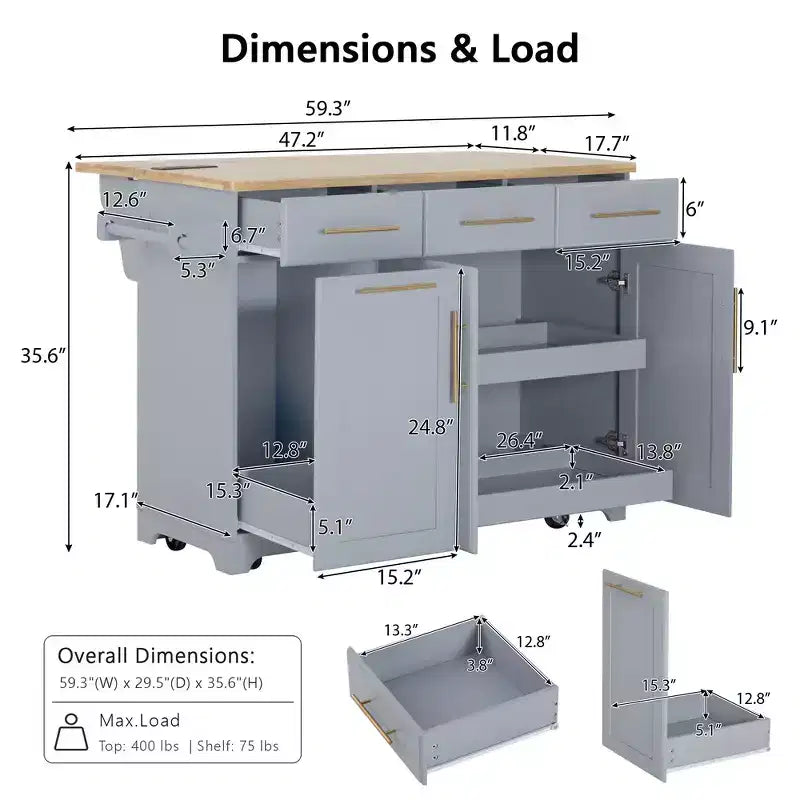 Isola per cucina da 150,6 cm con organizer estraibili, anta a ribalta e vano per la spazzatura