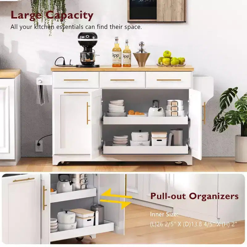 Isola per cucina da 150,6 cm con organizer estraibili, anta a ribalta e vano per la spazzatura