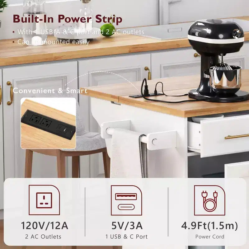 Isola per cucina da 150,6 cm con organizer estraibili, anta a ribalta e vano per la spazzatura