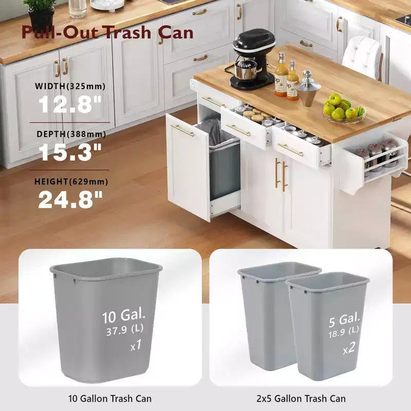 Isola per cucina da 150,6 cm con organizer estraibili, anta a ribalta e vano per la spazzatura