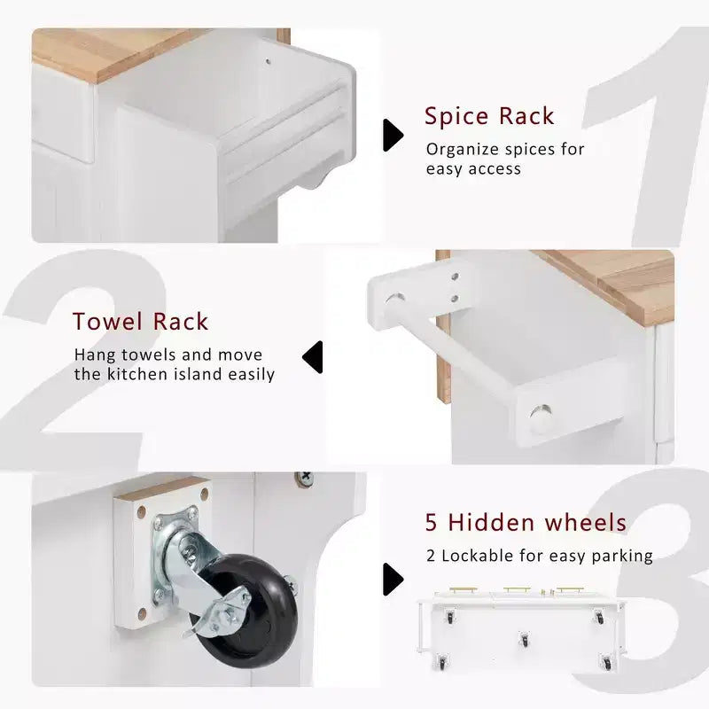 Isola per cucina da 150,6 cm con organizer estraibili, anta a ribalta e vano per la spazzatura