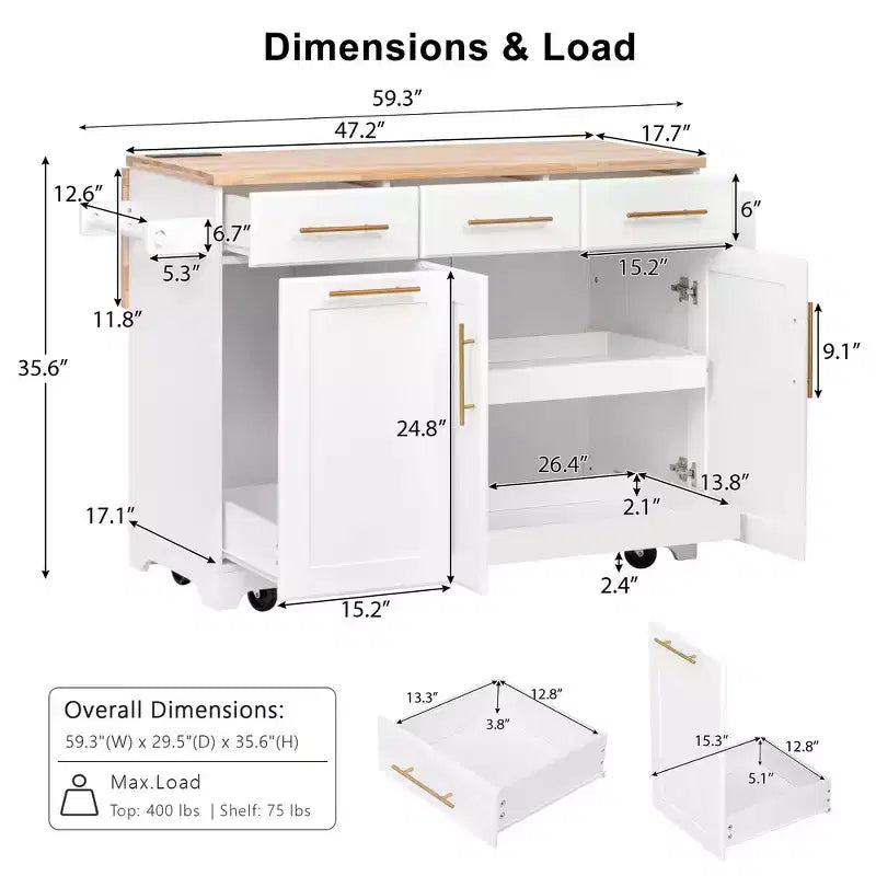Isola per cucina da 150,6 cm con organizer estraibili, anta a ribalta e vano per la spazzatura