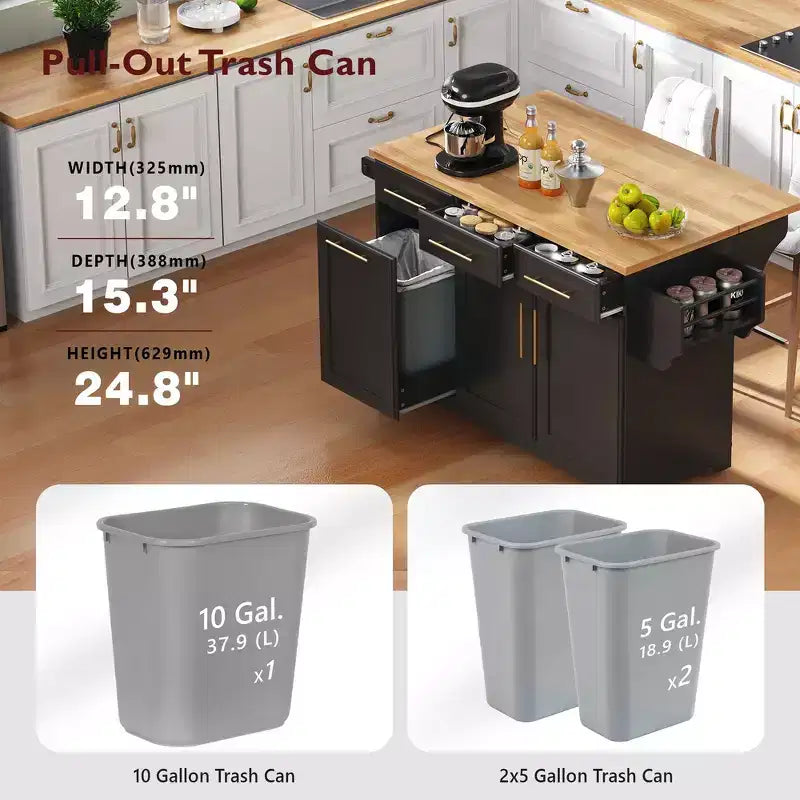 Isola per cucina da 150,6 cm con organizer estraibili, anta a ribalta e vano per la spazzatura