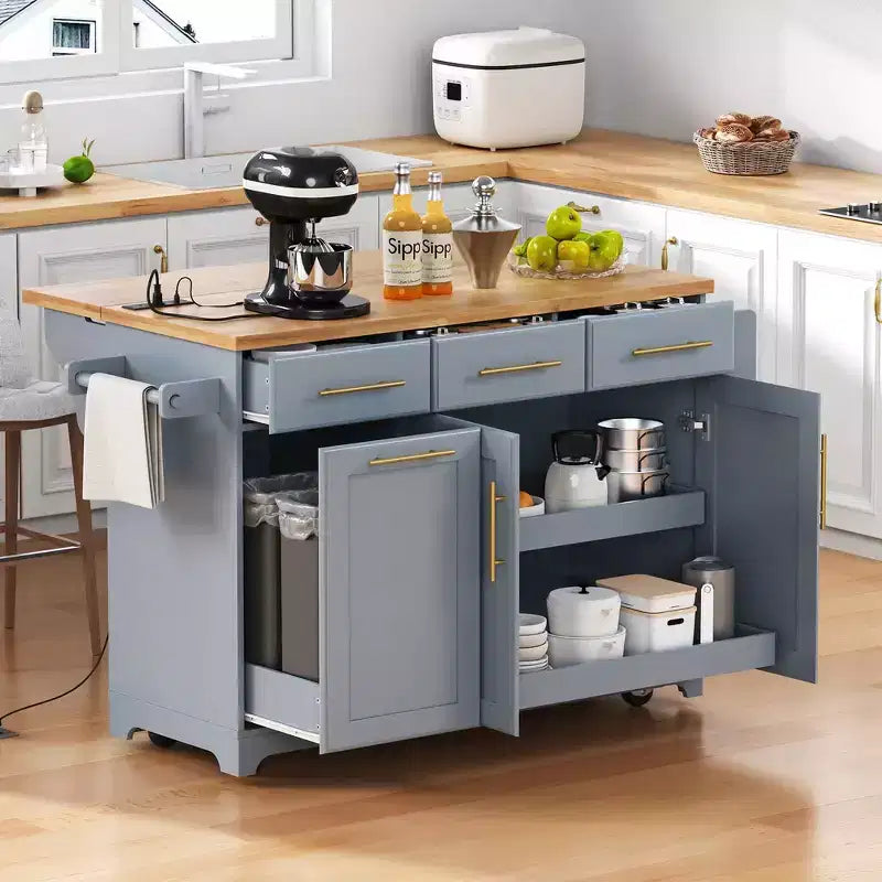 59.3" Kitchen Island with Pull-Out Organizers, Drop Leaf & Trash Storage