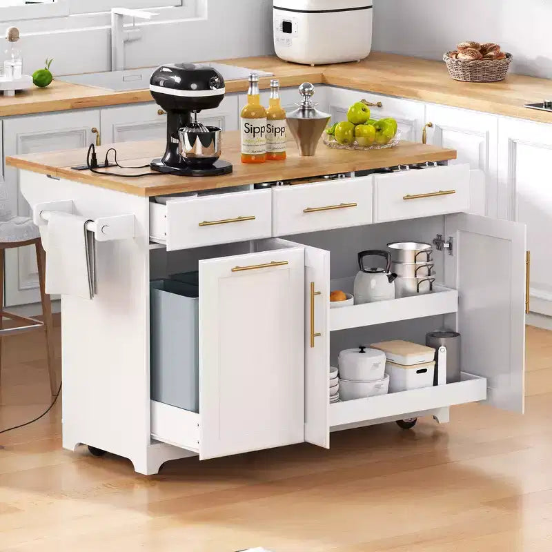 59.3" Kitchen Island with Pull-Out Organizers, Drop Leaf & Trash Storage