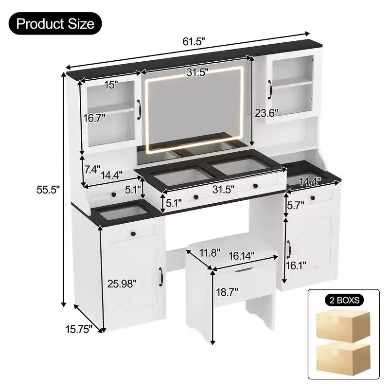 Mobile Toeletta Rustico con Specchio LED e Sgabello Contenitore