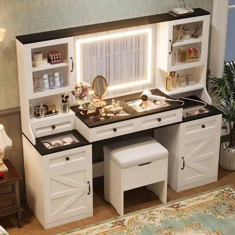 Mobile Toeletta Rustico con Specchio LED e Sgabello Contenitore