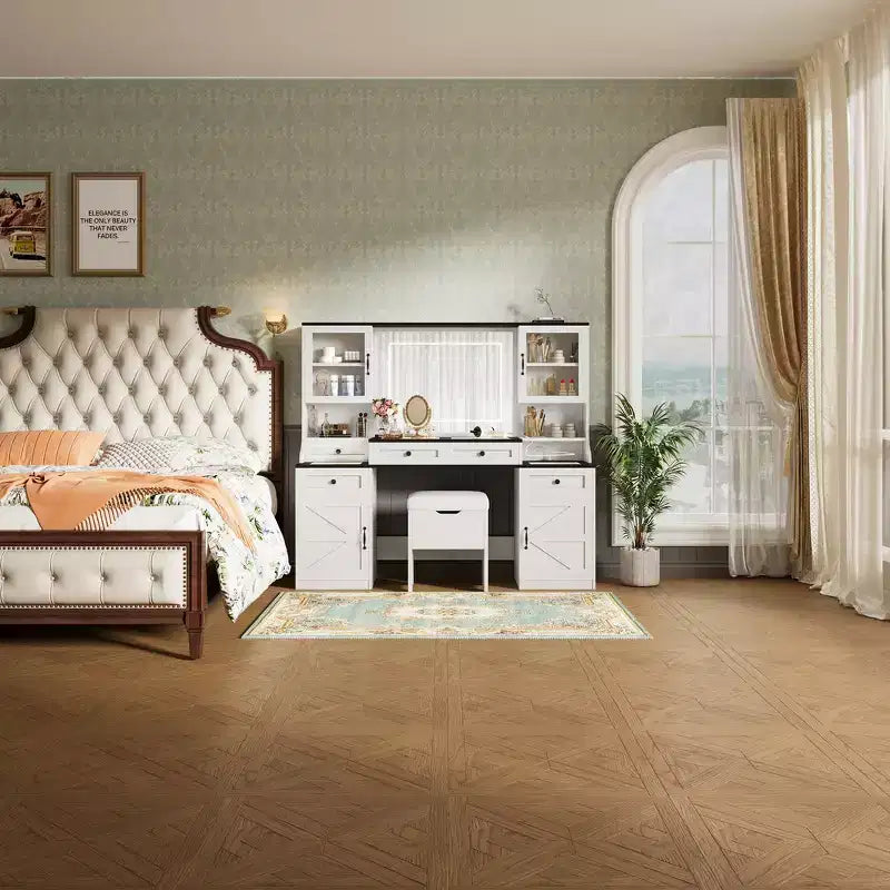 Farmhouse Makeup Vanity Table with LED Mirror and Storage Stool