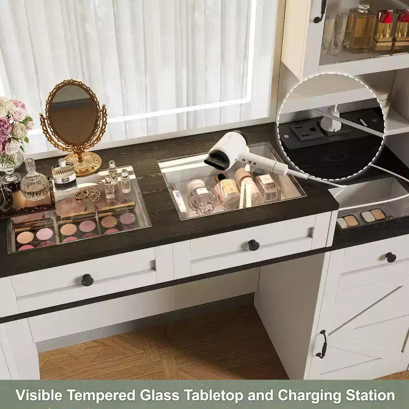 Mobile Toeletta Rustico con Specchio LED e Sgabello Contenitore