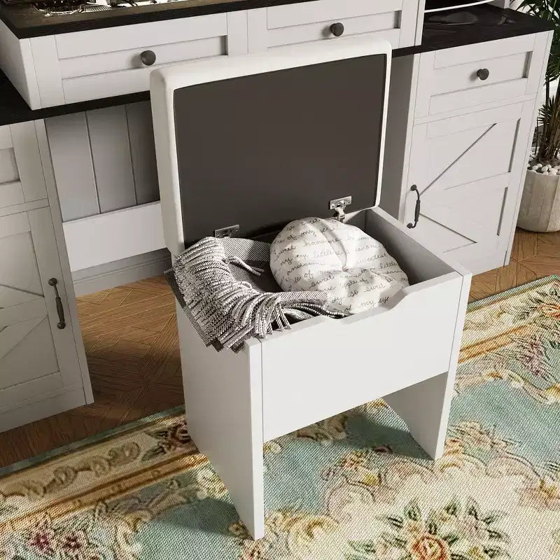 Mobile Toeletta Rustico con Specchio LED e Sgabello Contenitore