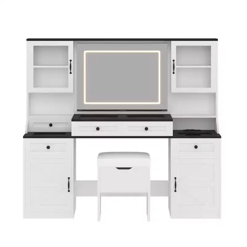 Mobile Toeletta Rustico con Specchio LED e Sgabello Contenitore