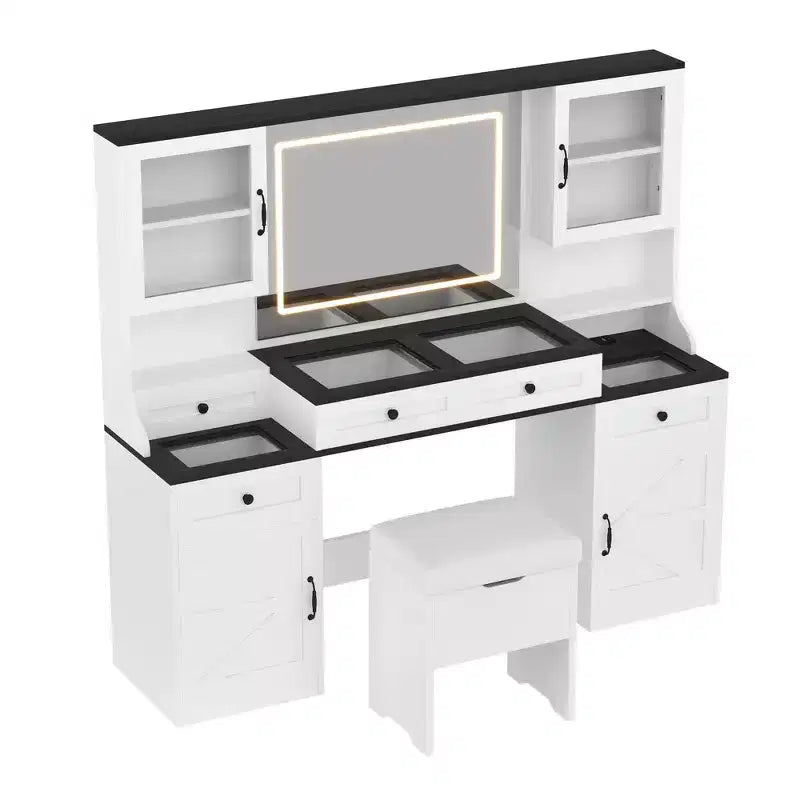 Mobile Toeletta Rustico con Specchio LED e Sgabello Contenitore