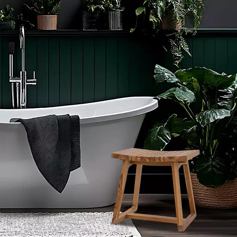 Panca doccia in legno di teak con sedile ergonomico curvo