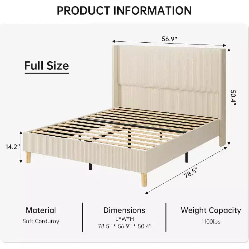 Upholstered Platform Bed Frame with Wingback Headboard – King