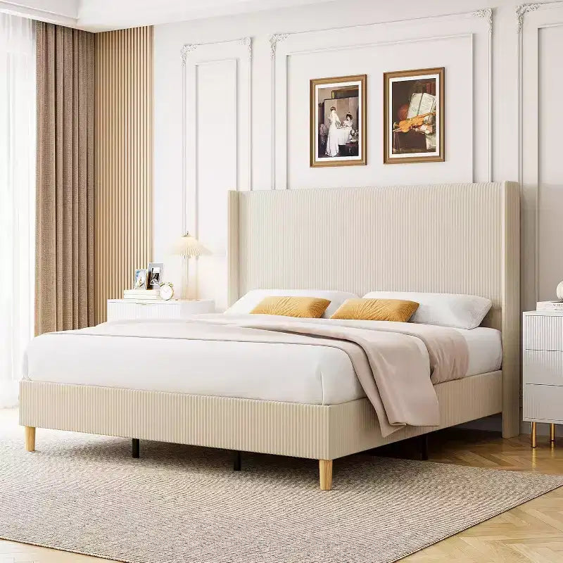Upholstered Platform Bed Frame with Wingback Headboard – King
