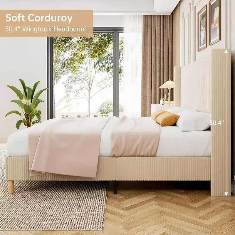 Upholstered Platform Bed Frame with Wingback Headboard – King