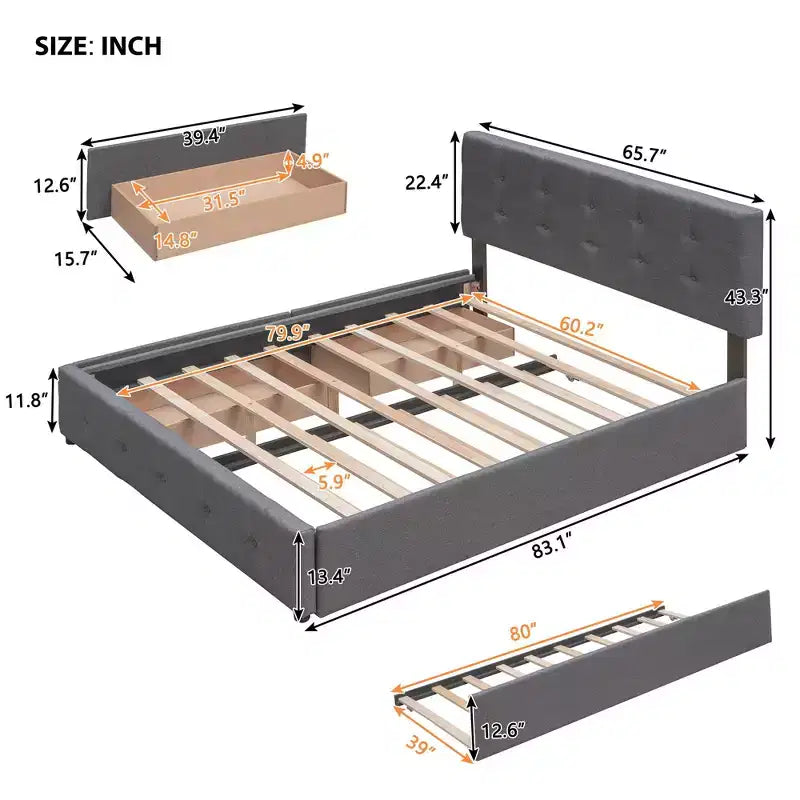 Letto a piattaforma Queen Size con cassetti portaoggetti e letto estraibile – Grigio scuro