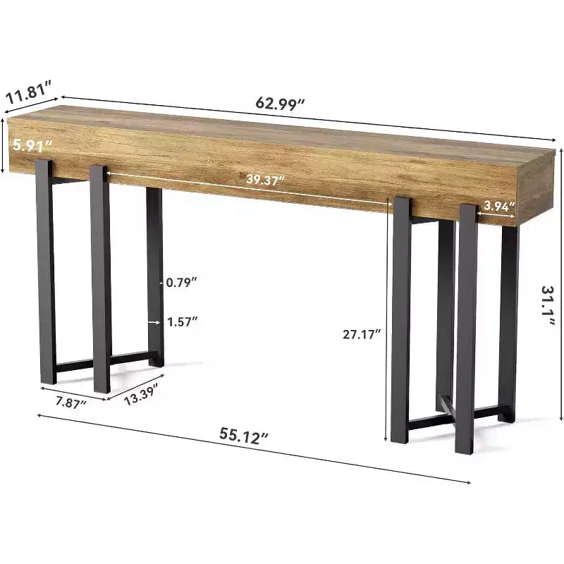 63-Inch Industrial Console Table with Wood Top and Metal Frame