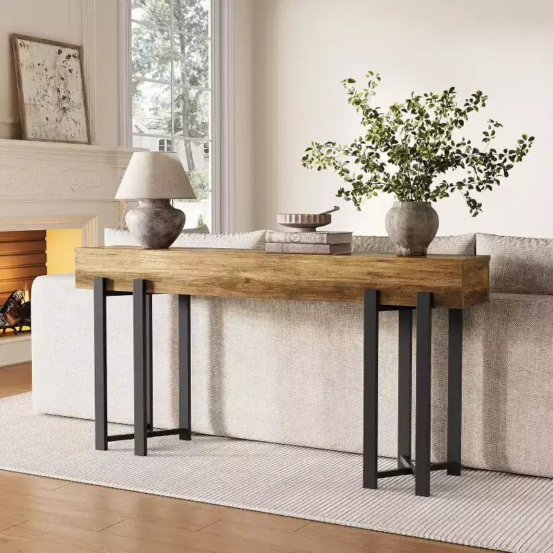 63-Inch Industrial Console Table with Wood Top and Metal Frame