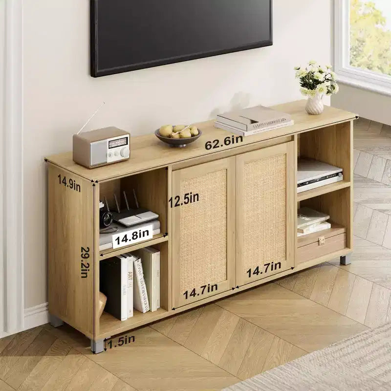Mobile TV Boho con ante in rattan e ripiani aperti – Adatto a TV fino a 70 pollici