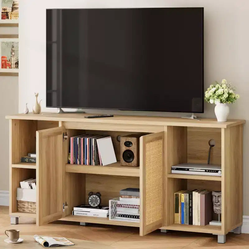 Boho TV Stand with Rattan Doors & Open Shelves – Fits Up to 70 Inch TVs