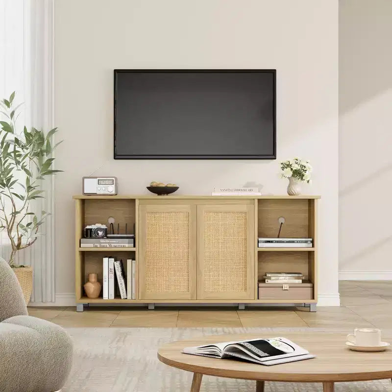 Mobile TV Boho con ante in rattan e ripiani aperti – Adatto a TV fino a 70 pollici