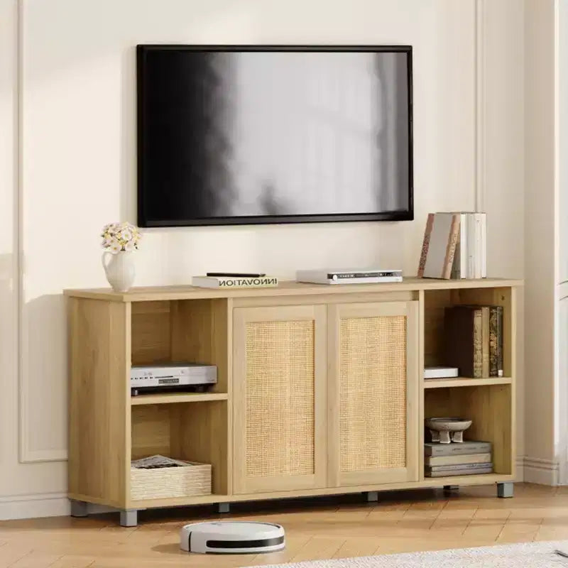 Mobile TV Boho con ante in rattan e ripiani aperti – Adatto a TV fino a 70 pollici