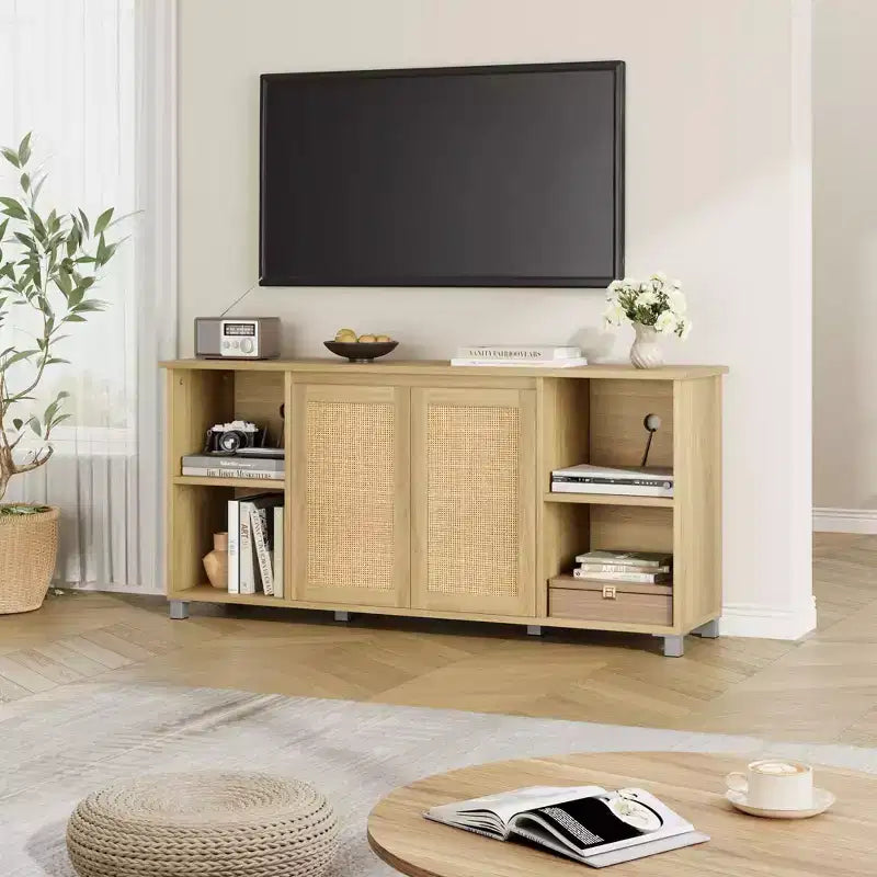 Mobile TV Boho con ante in rattan e ripiani aperti – Adatto a TV fino a 70 pollici