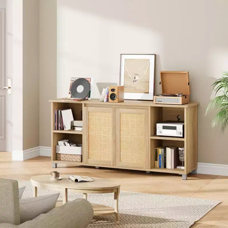 Mobile TV Boho con ante in rattan e ripiani aperti – Adatto a TV fino a 70 pollici