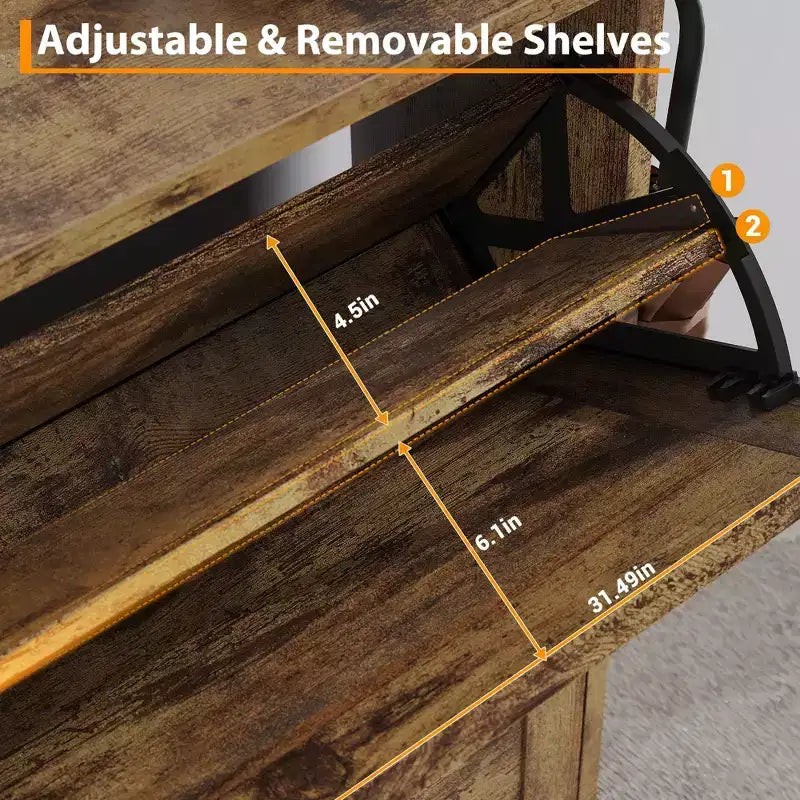 Shoe Storage Bench with Flip Drawers, Open Shelf and Side Hooks
