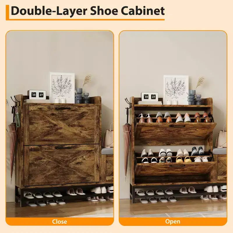Shoe Storage Bench with Flip Drawers, Open Shelf and Side Hooks