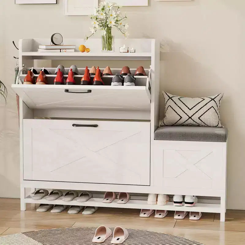 Shoe Storage Bench with Flip Drawers, Open Shelf and Side Hooks
