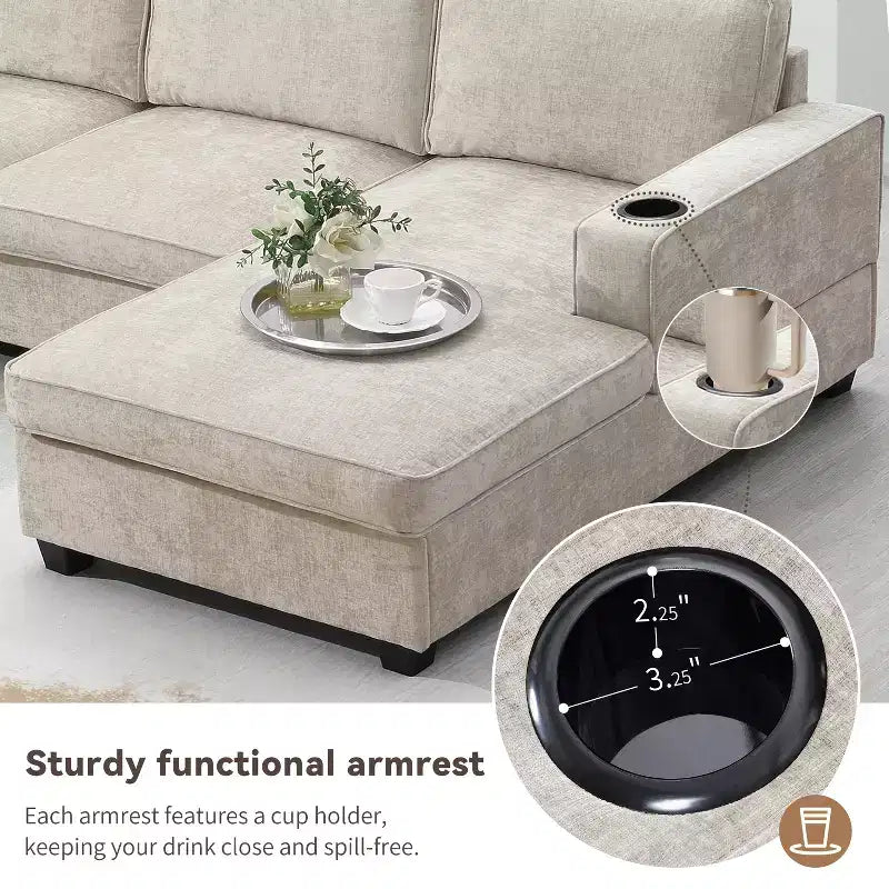Divano componibile a U a 6 posti in ciniglia con chaise longue oversize
