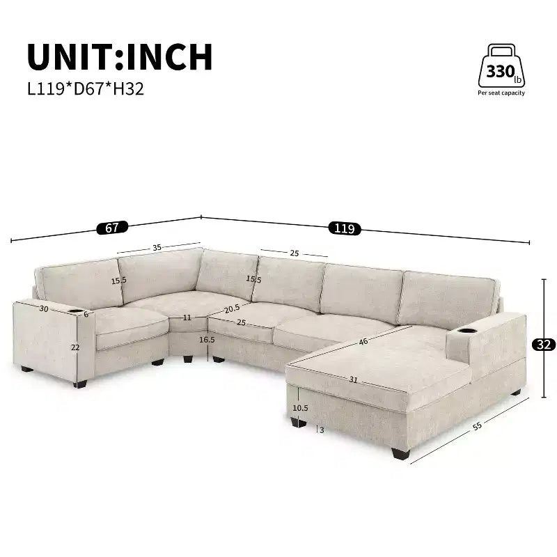 Divano componibile a U a 6 posti in ciniglia con chaise longue oversize
